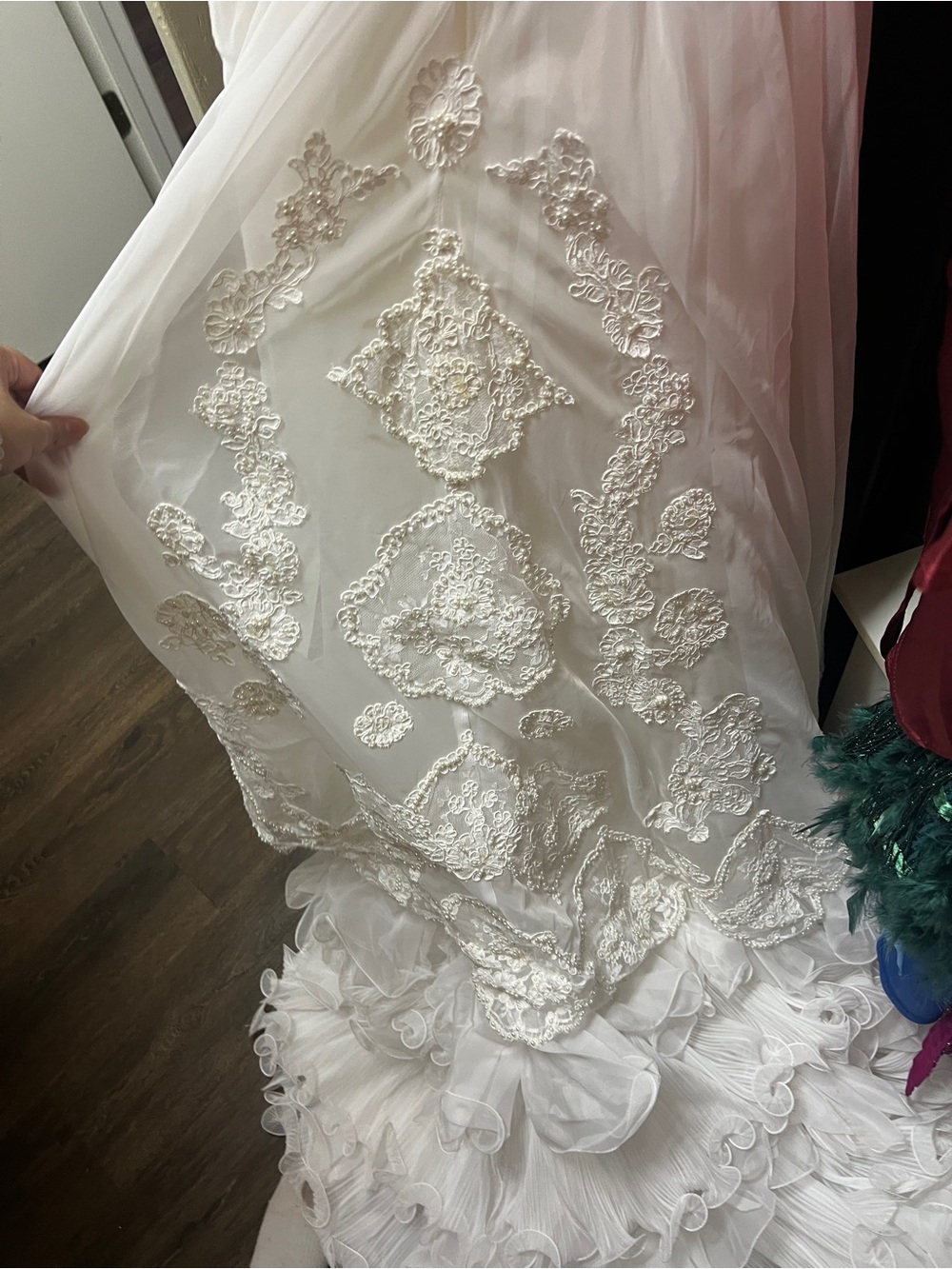 Couture vintage Ivory Lace Appliqué Eve of Milady dress with Ruffled Train